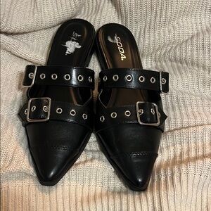 Soda Black Buckle Mules with Pointed Toe